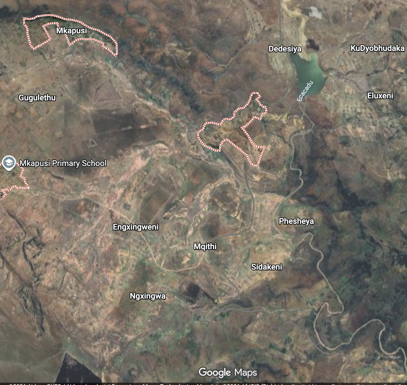 Satellite aerial of Mkapusi village in Lady Frere showing village boundaries and the nearby Mqithi area